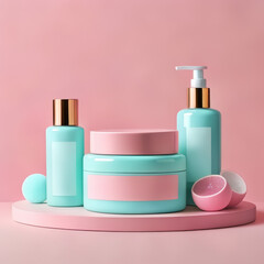 Cosmetic products on pastel background. 3d rendering, mock up.