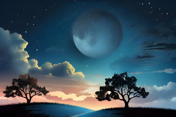 landscape with moon and stars  night, sky, landscape, nature, star, stars, tree, dark, space, sea, moonlight, water, blue, full, light, silhouette, vector, ocean, illustration, planet, Ai generated 