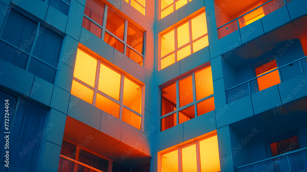 Poster a building with many windows and a yellow glow. the building is tall and has a modern look