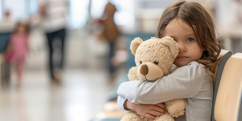 A little girl lovingly embraces her teddy bear in a doctors office