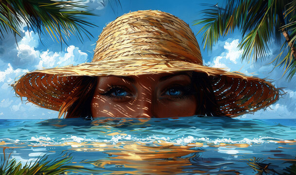 Mysterious Eyes Gaze From Straw Hat Amidst Tropical Blue Seascape