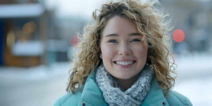 A young woman with curly blonde hair wearing a blue coat and a scarf smiles happily
