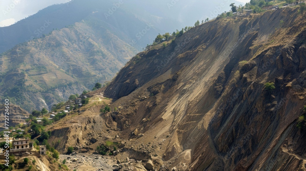 Poster the once vibrant green mountainsides now barren and scarred with deep gashes from the landslide. the