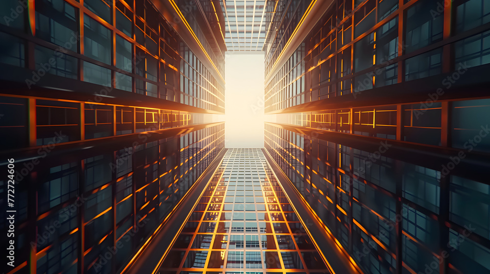 Poster a long narrow glass building with a bright yellow light shining through a window. the hallway is emp