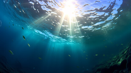 Fototapeta na wymiar Sun's rays penetrate in clear blue underwater scene