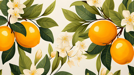 A painting of oranges and white flowers with a border. The overall mood of the painting is bright and cheerful, with the oranges and flowers representing the beauty of nature