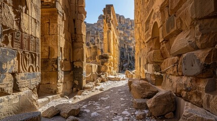 The towering stone walls of an ancient marketplace glisten in the warm sunlight their age and history evident in the intricate patterns carved into their surface. - obrazy, fototapety, plakaty