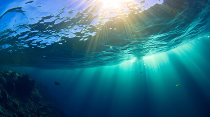Fototapeta na wymiar Sun's rays penetrate in clear blue underwater scene