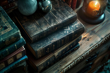 An intimate scene with a stack of antique books beside a lit candle evoking warmth and nostalgia