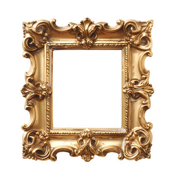Gold square wooden picture frame, isolated on transparent background