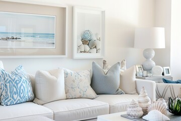 Interior design with aqua couch, azure pillows, seashells in white house