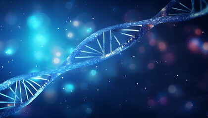 A DNA double helix strands prominently against a blue glow, symbolizing genetic research and molecular biology. Generative AI