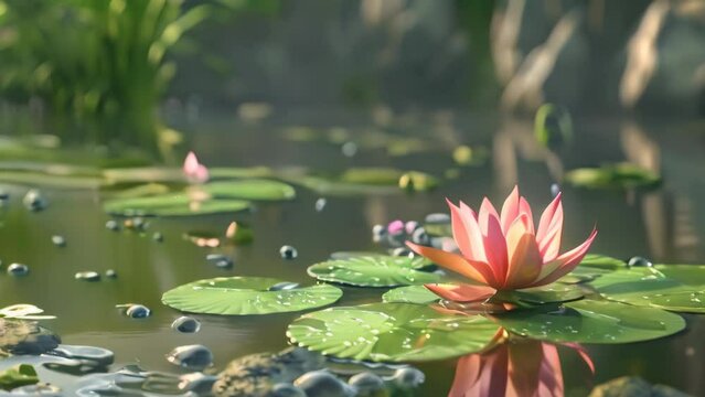 Lily with green pad in pond. 4k video animation