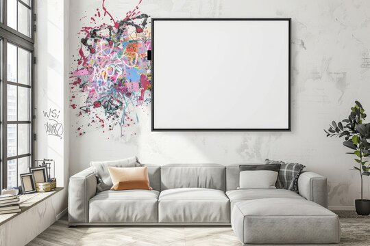 Interior design of a living room with a couch and a painting on the wall