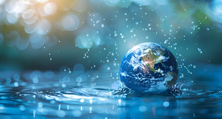 Earth in water with bright blue bokeh background, world water day banner concept