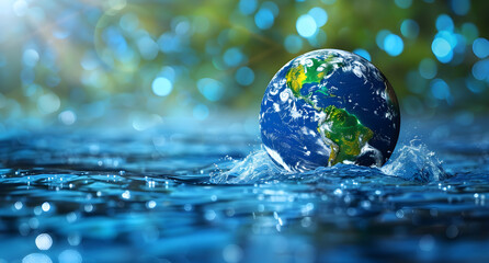 Earth in water with bright blue bokeh background, world water day banner concept showcasing the beauty and importance of water conservation and the preservation of our planet.