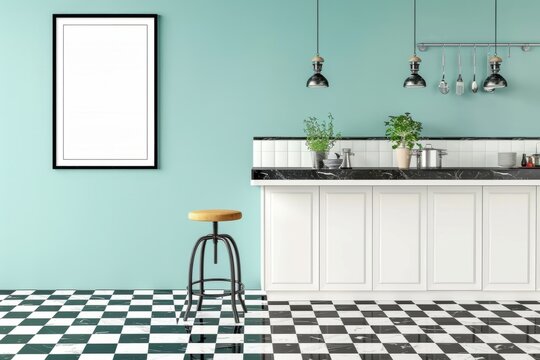 Building with checkered flooring and wallmounted picture frame
