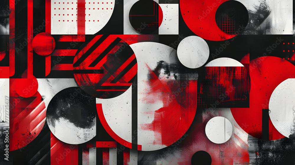 Poster a colorful abstract background painting with many circles and squares. the painting is a mix of red 