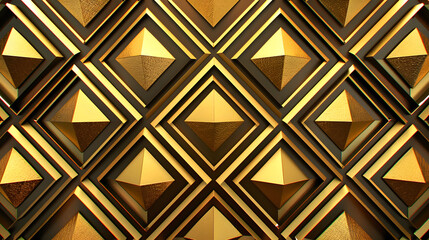 A gold and brown patterned wall with many triangles. The pattern is very intricate and detailed The wall appears to be a part of a larger design or artwork