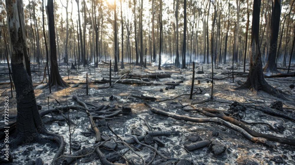 Poster the smoldering remains of what was once a bustling forest is a symbol of the destructive power of fi