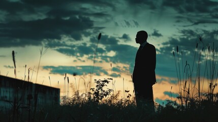 Fototapeta premium Against the backdrop of despair, the silhouette of a defeated businessman serves as a cautionary tale of the pitfalls of ambition.