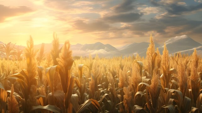 A sunset over a wheat field with the sun setting behind it.
