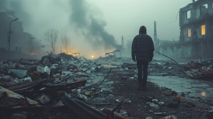 Amidst the debris of shattered dreams, a solitary figure stands as a testament to the resilience of the human spirit in the face of adversity. - obrazy, fototapety, plakaty