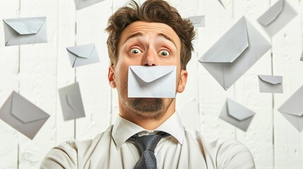 Fototapeta na wymiar drowning in communication: overwhelmed businessman with floating envelopes as a metaphor for workload