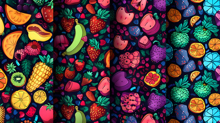 Fototapeta na wymiar A series of colorful fruit designs are displayed on a dark background. The fruits include watermelon, kiwi, strawberries, oranges, and bananas. The scene is cheerful and vibrant
