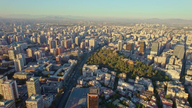 Scenic Aerial Drone Over Santa Lucia Hill, Santiago Main Center Cityscape, Chile Chiloe 4K