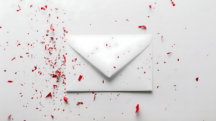 celebratory whispers: a white envelope amid a sprinkle of red confetti
