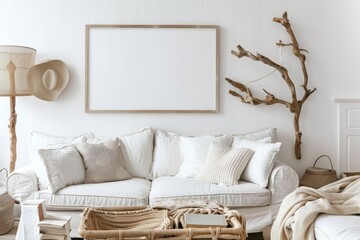 Photograph displayed in white rectangle picture frame above couch in living room
