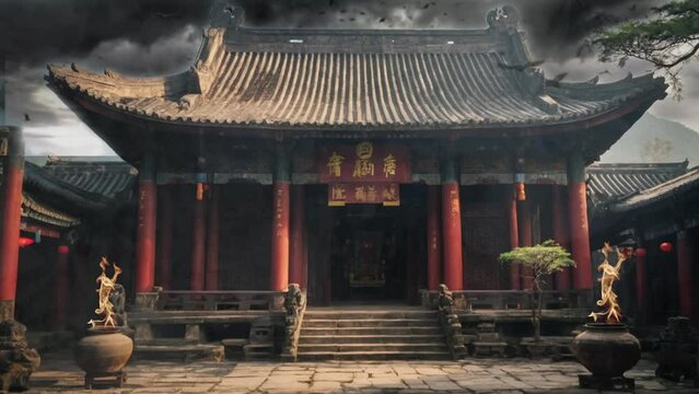 Animation traditional chinese temple in the thunder sky . seamless 4k video background