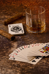 poker with tobacco cigarette  and whiskey