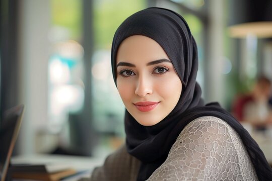 Muslim woman wearing a hijab is working on a laptop in the office