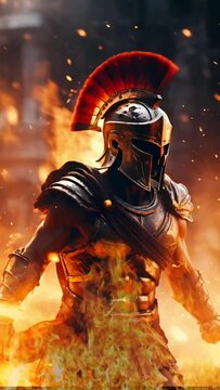 spartan soldier on fire video animation, seamless looping video background animation	