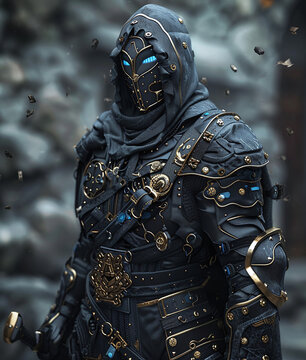 an image showing a warrior in a black costume, in the style of light bronze and dark azure, vray, mechanical designs, charming characters, groundcore, light indigo and light bronze, realistic yet styl