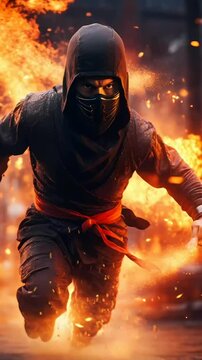 Fantasy ninja warrior on fire video animation, seamless looping video background animation	