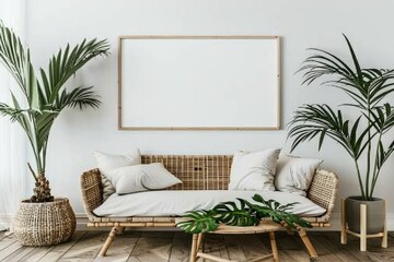 Comfortable living room with wicker couch, palm trees, and picture frame on wall