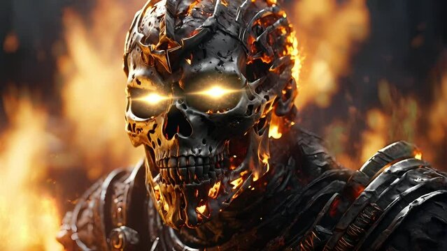 meral skull on  the fire, seamless looping video background animation	