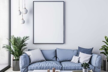 Interior design with blue couch and picture frame in living room