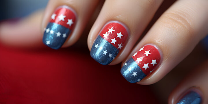 A woman's nails with stars and with a red white and blue design Manicure with red background
