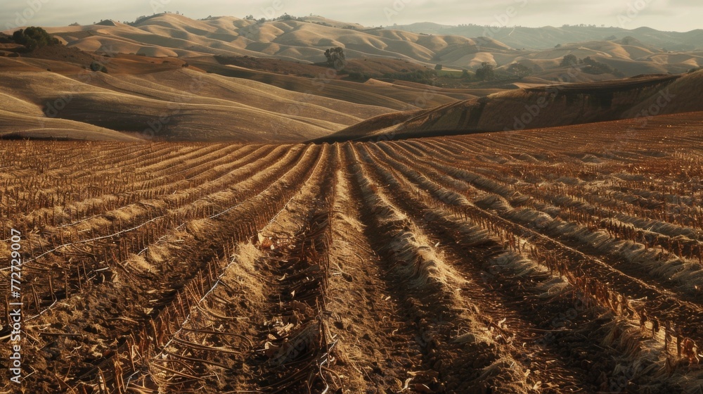 Poster rows of wilted plants jagged and defeated lay limp against a backdrop of rolling hills and cracked d
