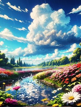 Spring landscape in the flower garden with river . Cartoon or Japanese anime illustration painting style. seamless looping 4K virtual video animation background