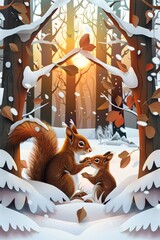 Papercut style vector graphic of a squirrel family in a snowy forest medium shot