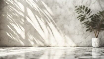 Tranquil Sophistication: Minimalistic Light Background with Blurred Foliage Shadow and Marble Flooring