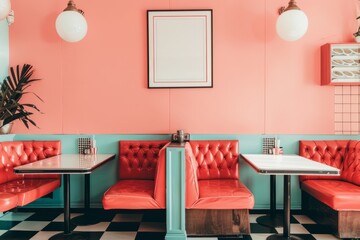 Diner interior with red benches, checkered floor, and tables