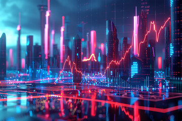 A digital landscape with rising and falling Bitcoin values represented as a 3D holographic line graph, illuminating a futuristic cityscape - obrazy, fototapety, plakaty