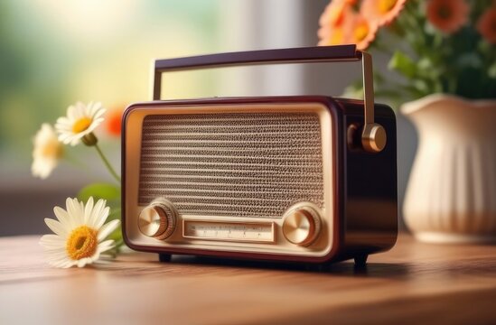Vintage retro radio in pastel colors around flowers
