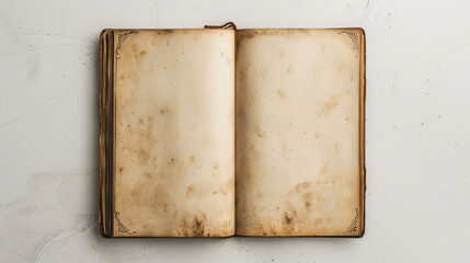 An antique book with a blank label, open displaying aged pages set on a clean background symbolizing time